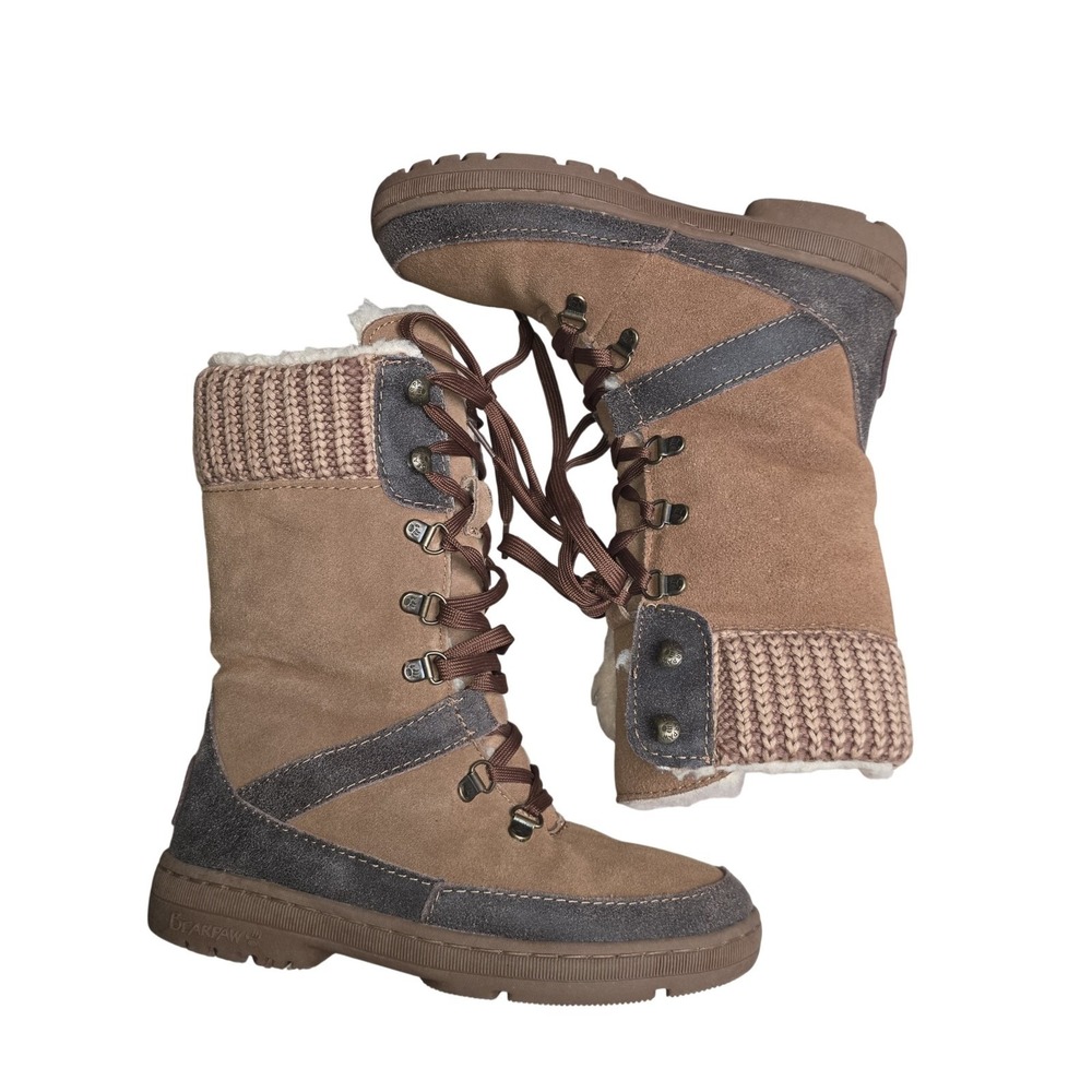 Bearpaw Serena Cow Suede Wool Boots Women 7 Brown Knit Mid Calf Lace Snow